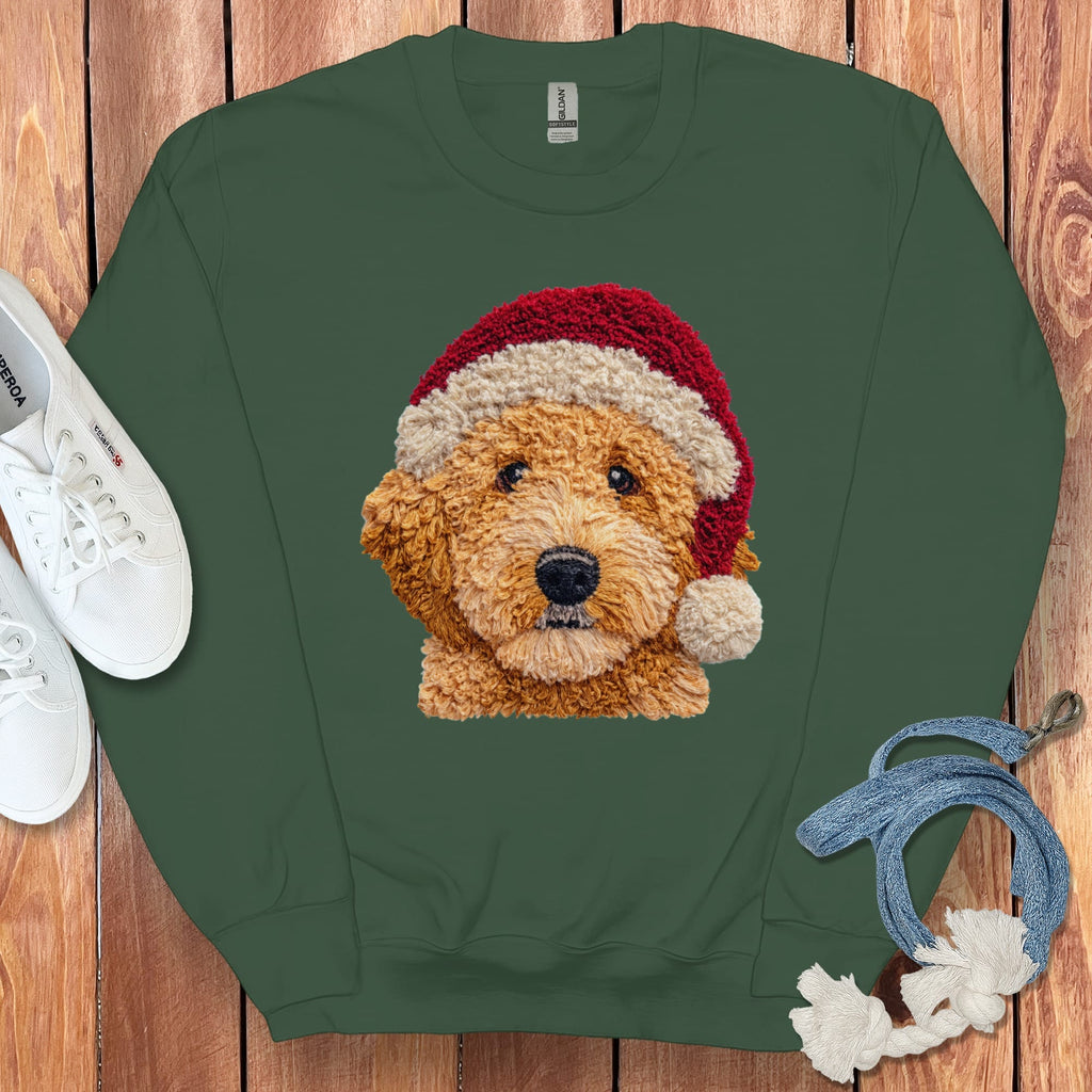 Apricot Goldendoodle Santa Faux Yarn Sweatshirt in Forest Green / S by Puppy Jo