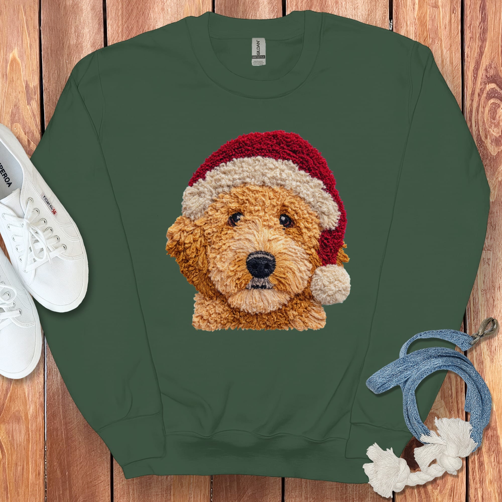Apricot Goldendoodle Santa Faux Yarn Sweatshirt in Forest Green / S by Puppy Jo