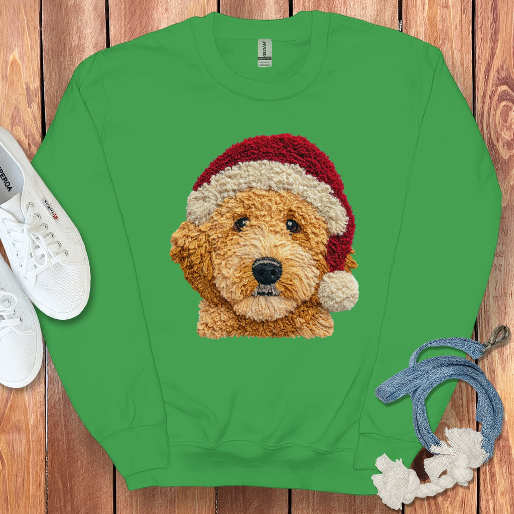 Apricot Goldendoodle Santa Faux Yarn Sweatshirt in Irish Green / S by Puppy Jo