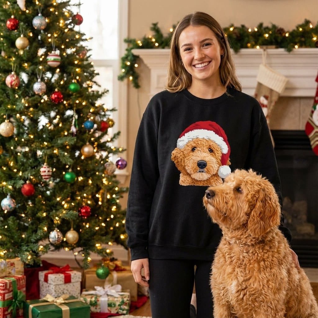Apricot Goldendoodle Santa Faux Yarn Sweatshirt in by Puppy Jo