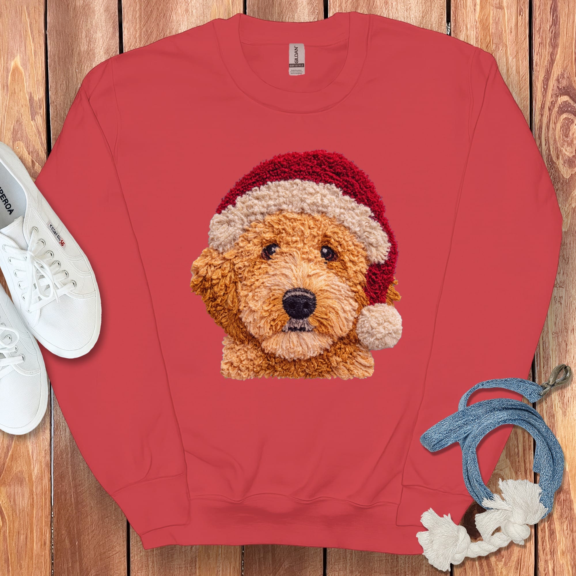 Apricot Goldendoodle Santa Faux Yarn Sweatshirt in Red / S by Puppy Jo