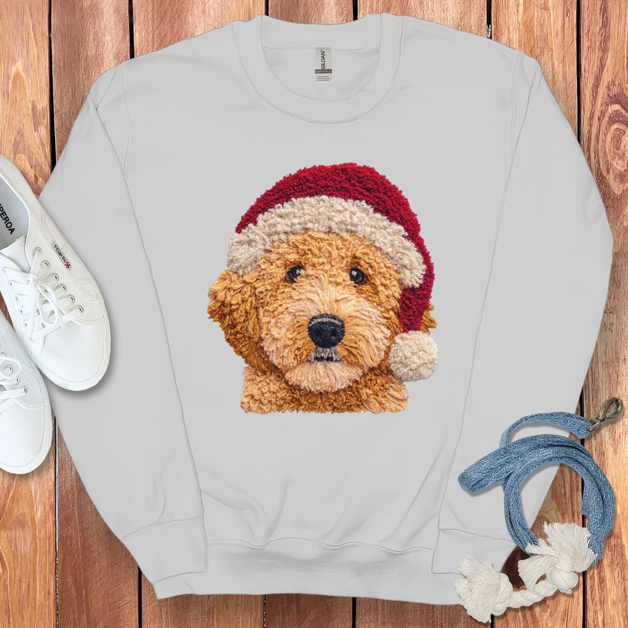 Apricot Goldendoodle Santa Faux Yarn Sweatshirt in Sport Grey / S by Puppy Jo
