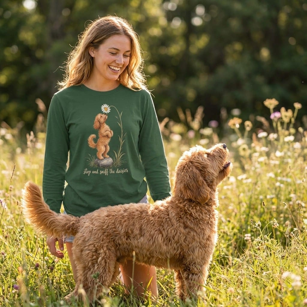 Apricot Goldendoodle Sniff Daisies Long Sleeve T-Shirt in by Puppy Jo