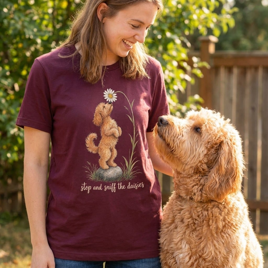 Apricot Goldendoodle Sniff Daisies T-Shirt in by Puppy Jo