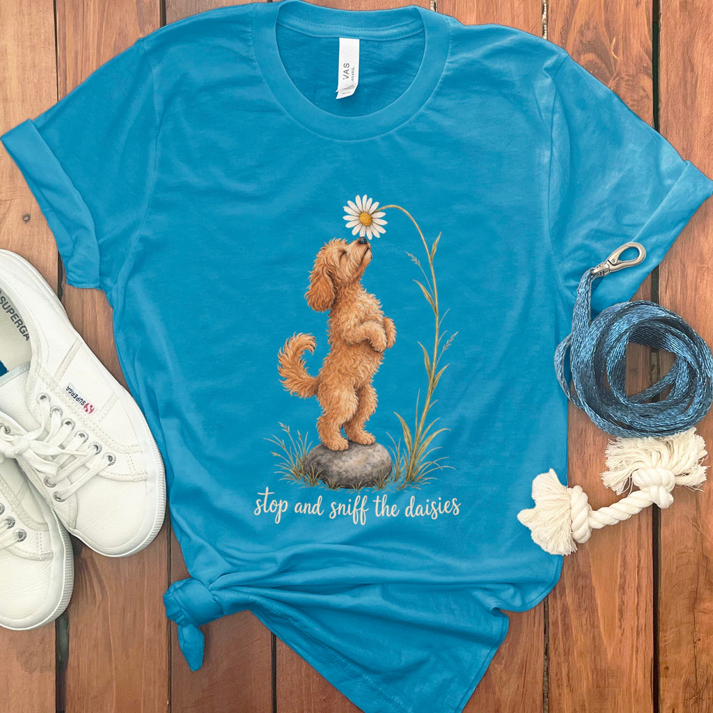 Apricot Goldendoodle Sniff Daisies T-Shirt in S / Aqua by Puppy Jo