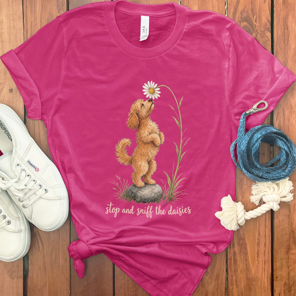 Apricot Goldendoodle Sniff Daisies T-Shirt in S / Berry by Puppy Jo