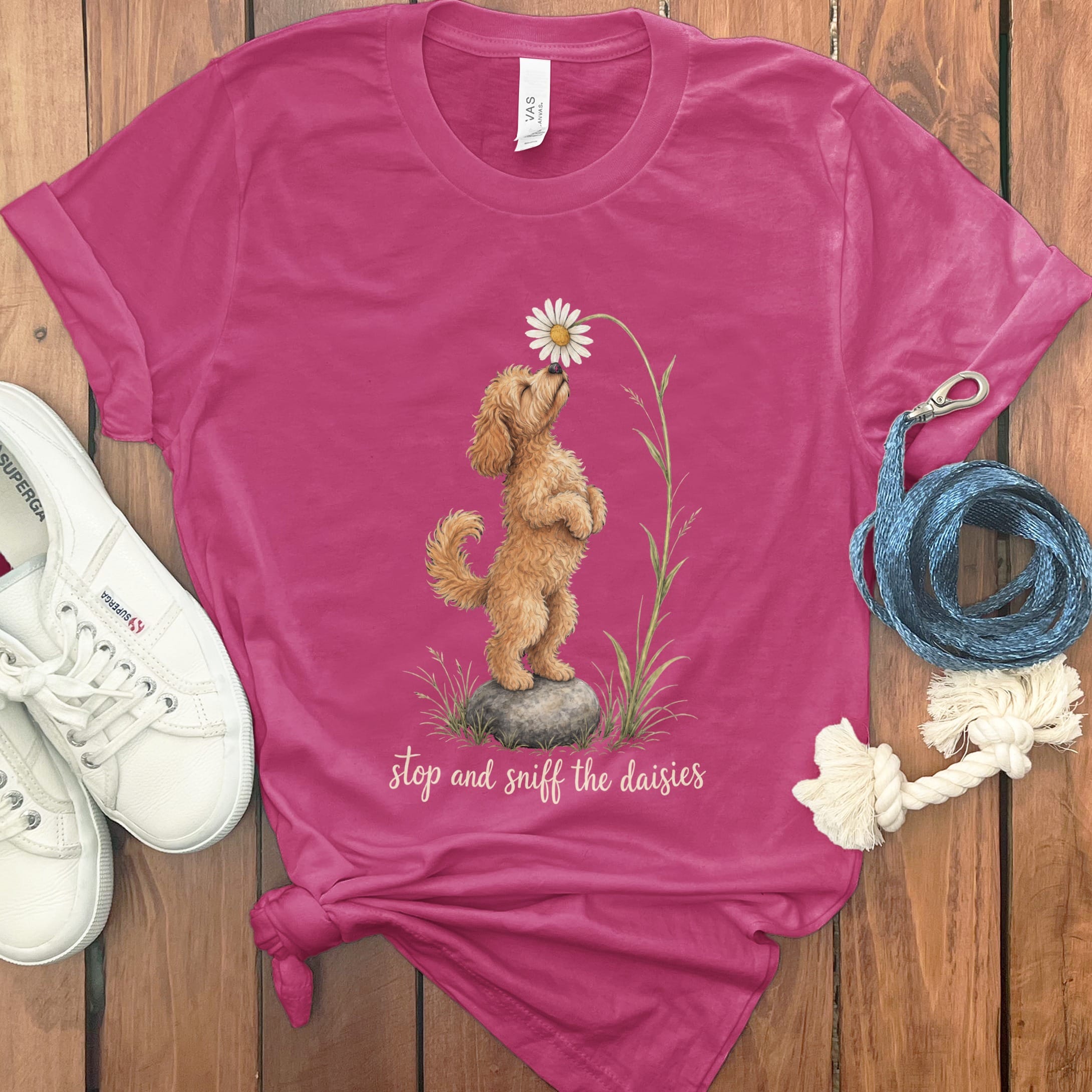 Apricot Goldendoodle Sniff Daisies T-Shirt in S / Berry by Puppy Jo