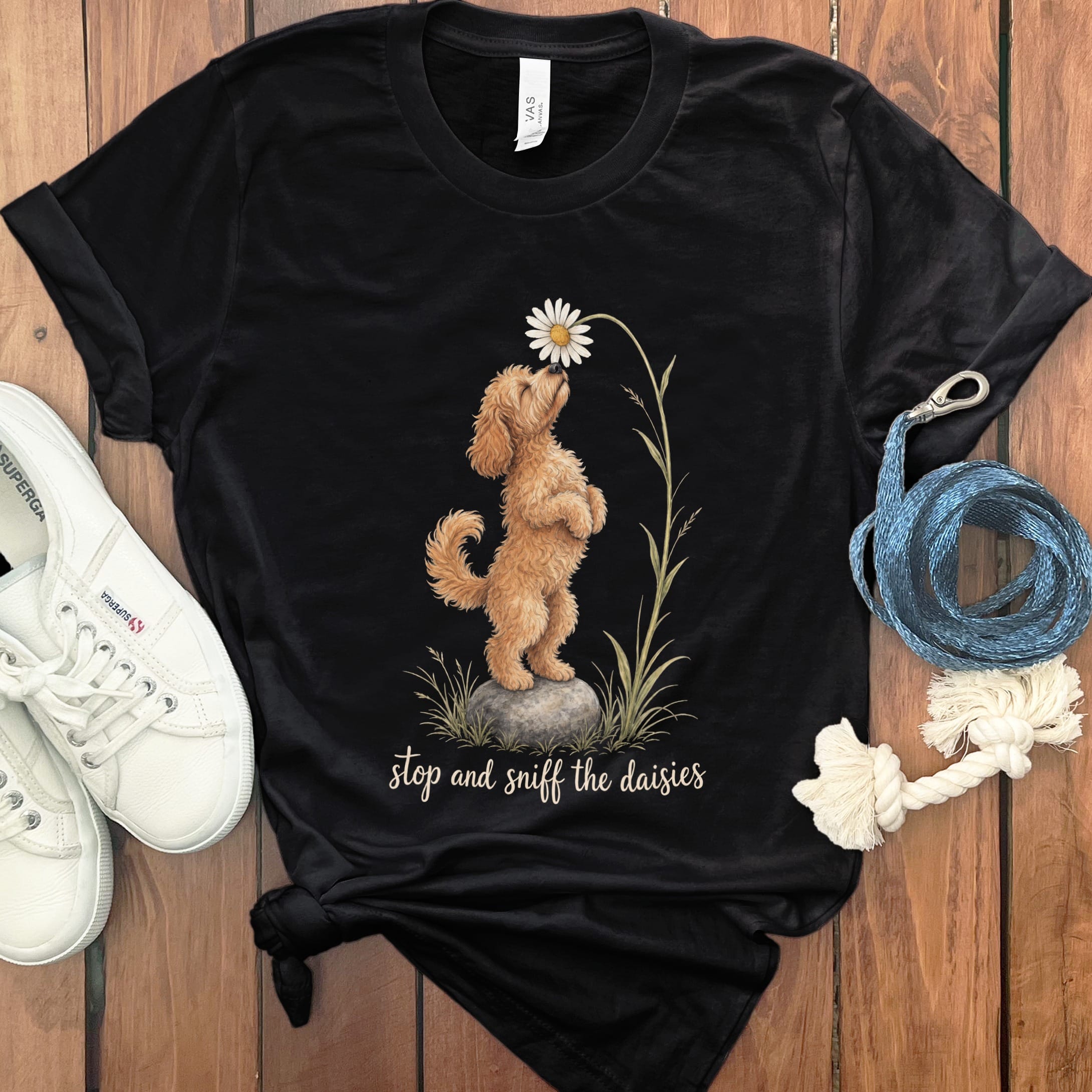 Apricot Goldendoodle Sniff Daisies T-Shirt in S / Black by Puppy Jo