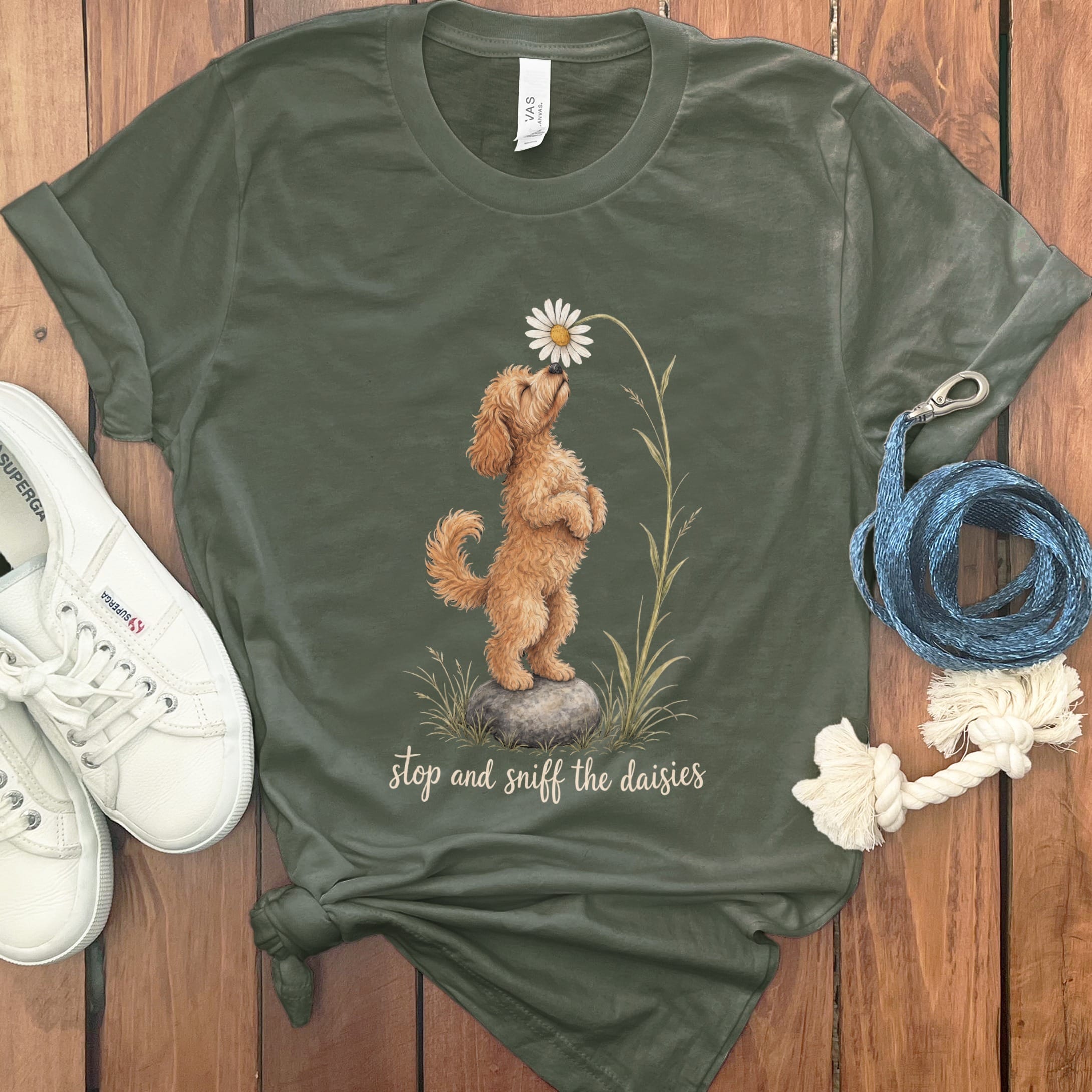 Apricot Goldendoodle Sniff Daisies T-Shirt in S / Military Green by Puppy Jo