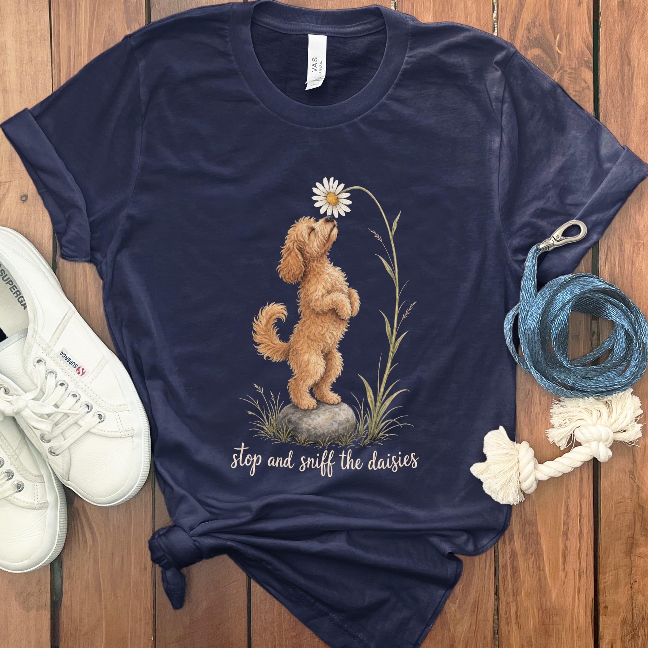 Apricot Goldendoodle Sniff Daisies T-Shirt in S / Navy by Puppy Jo