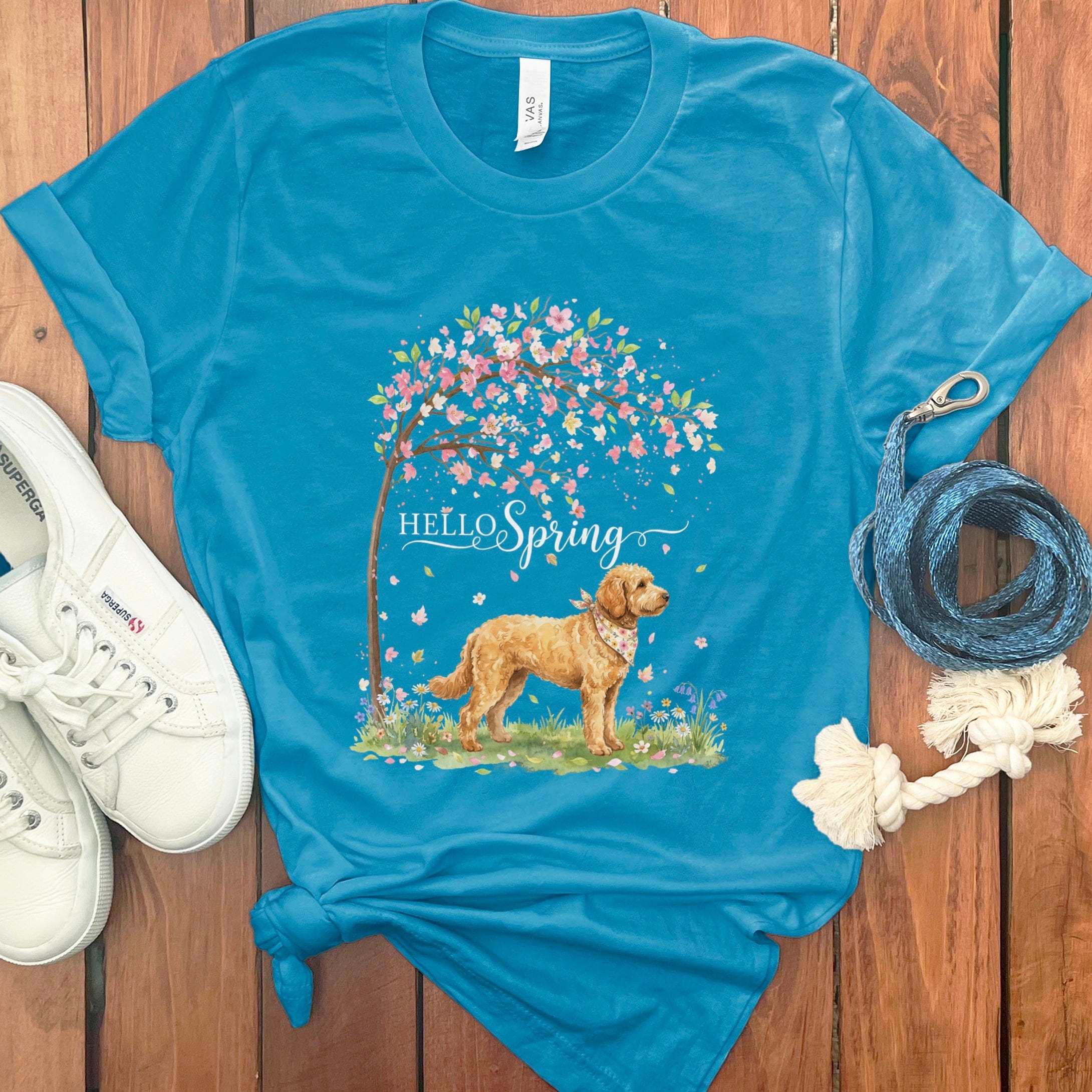 Apricot Goldendoodle Spring T-Shirt in Aqua / S by Puppy Jo