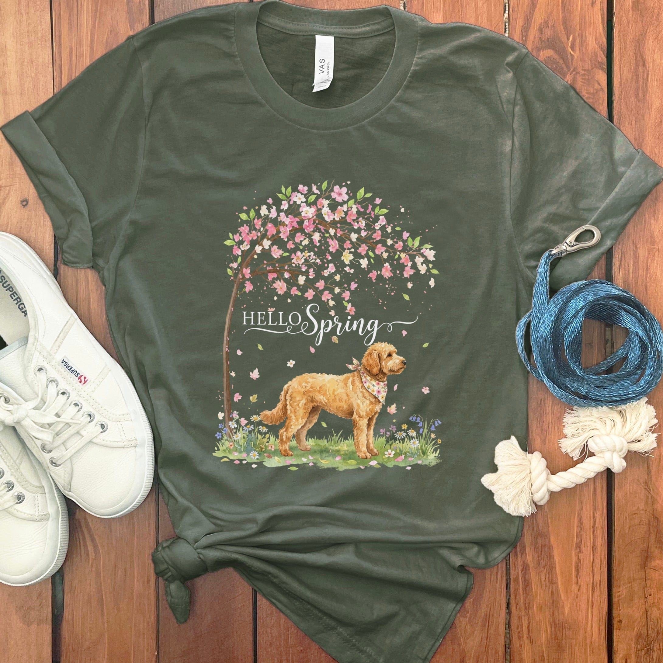 Apricot Goldendoodle Spring T-Shirt in Military Green / S by Puppy Jo