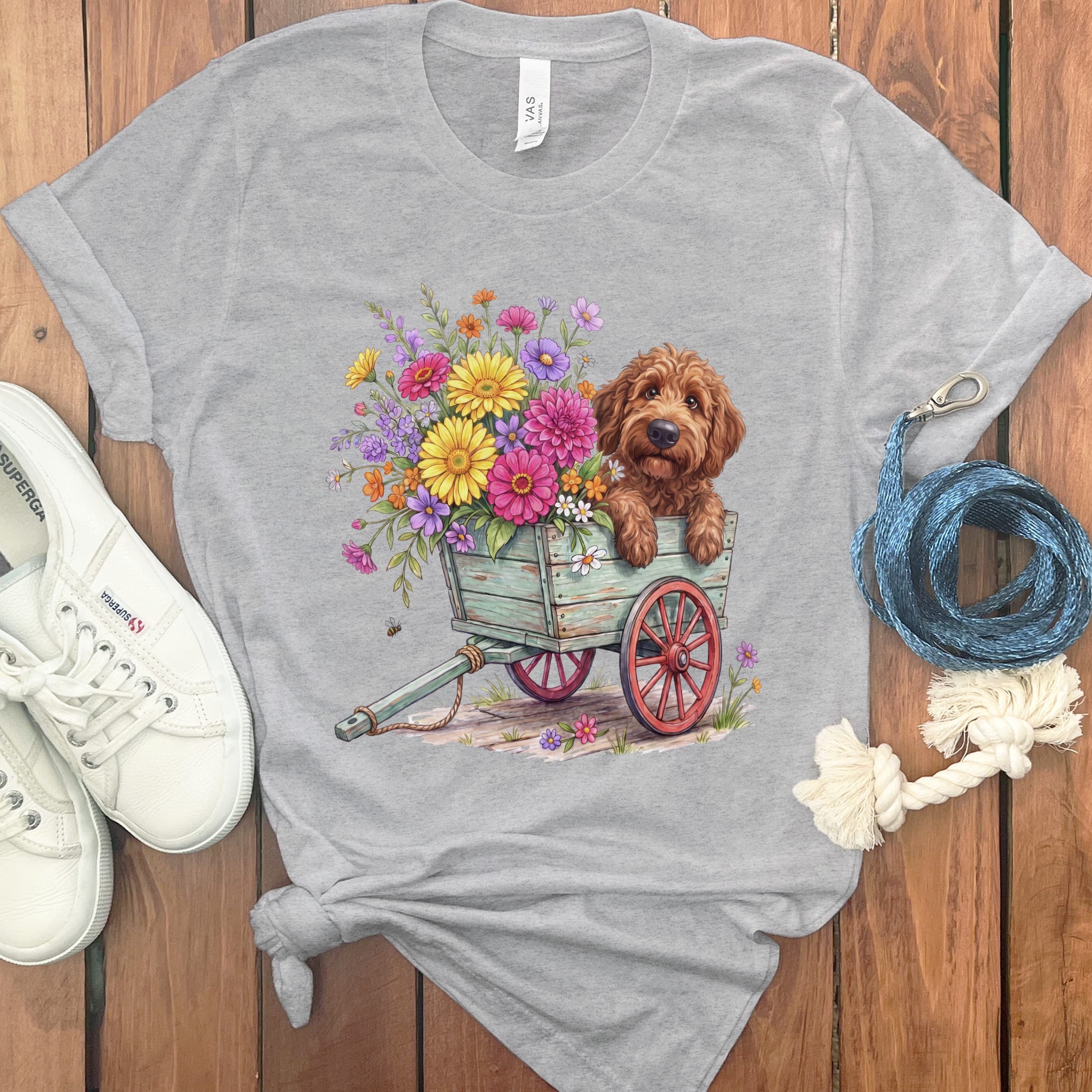Apricot Goldendoodle Spring Wagon T-Shirt in Athletic Heather / S by Puppy Jo