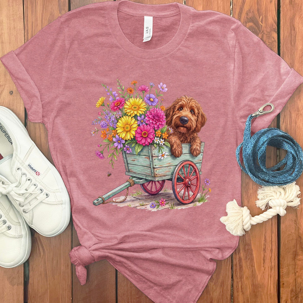 Apricot Goldendoodle Spring Wagon T-Shirt in Heather Mauve / S by Puppy Jo