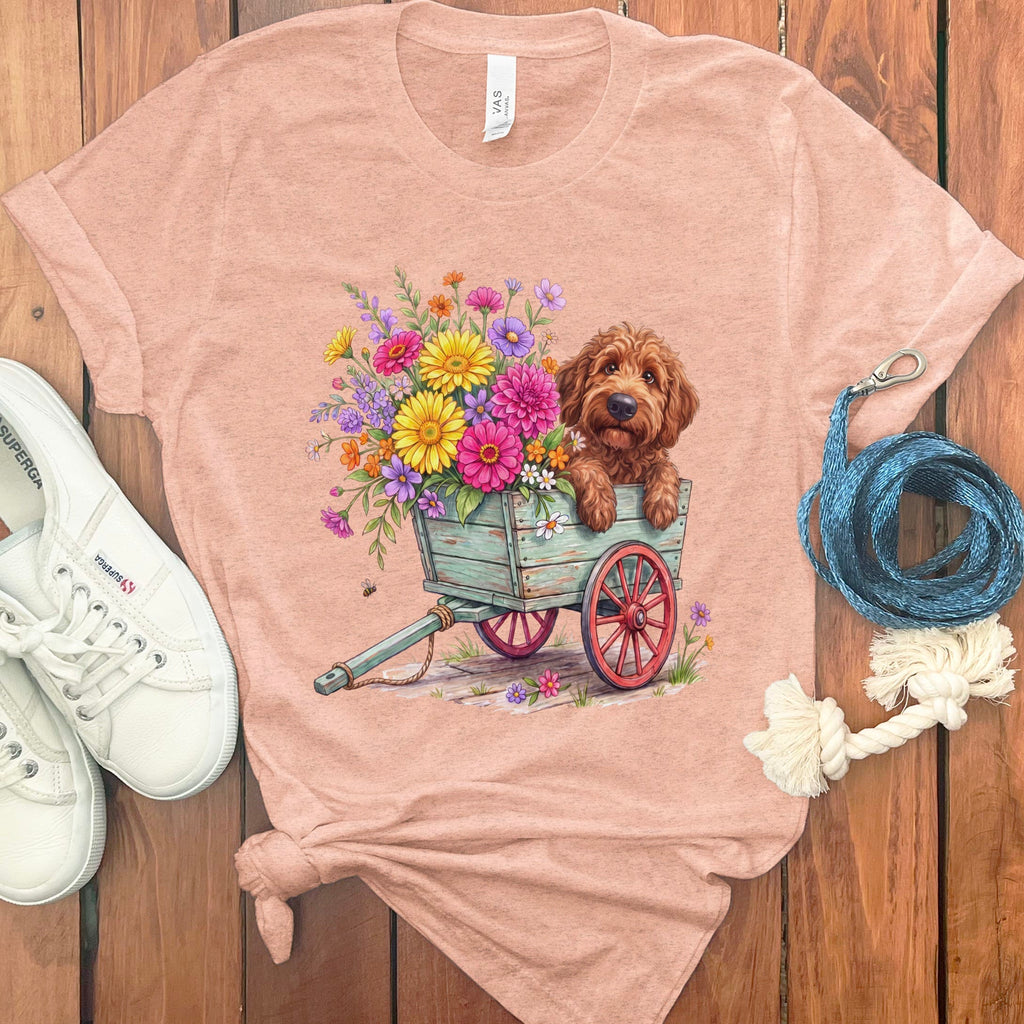 Apricot Goldendoodle Spring Wagon T-Shirt in Heather Peach / S by Puppy Jo