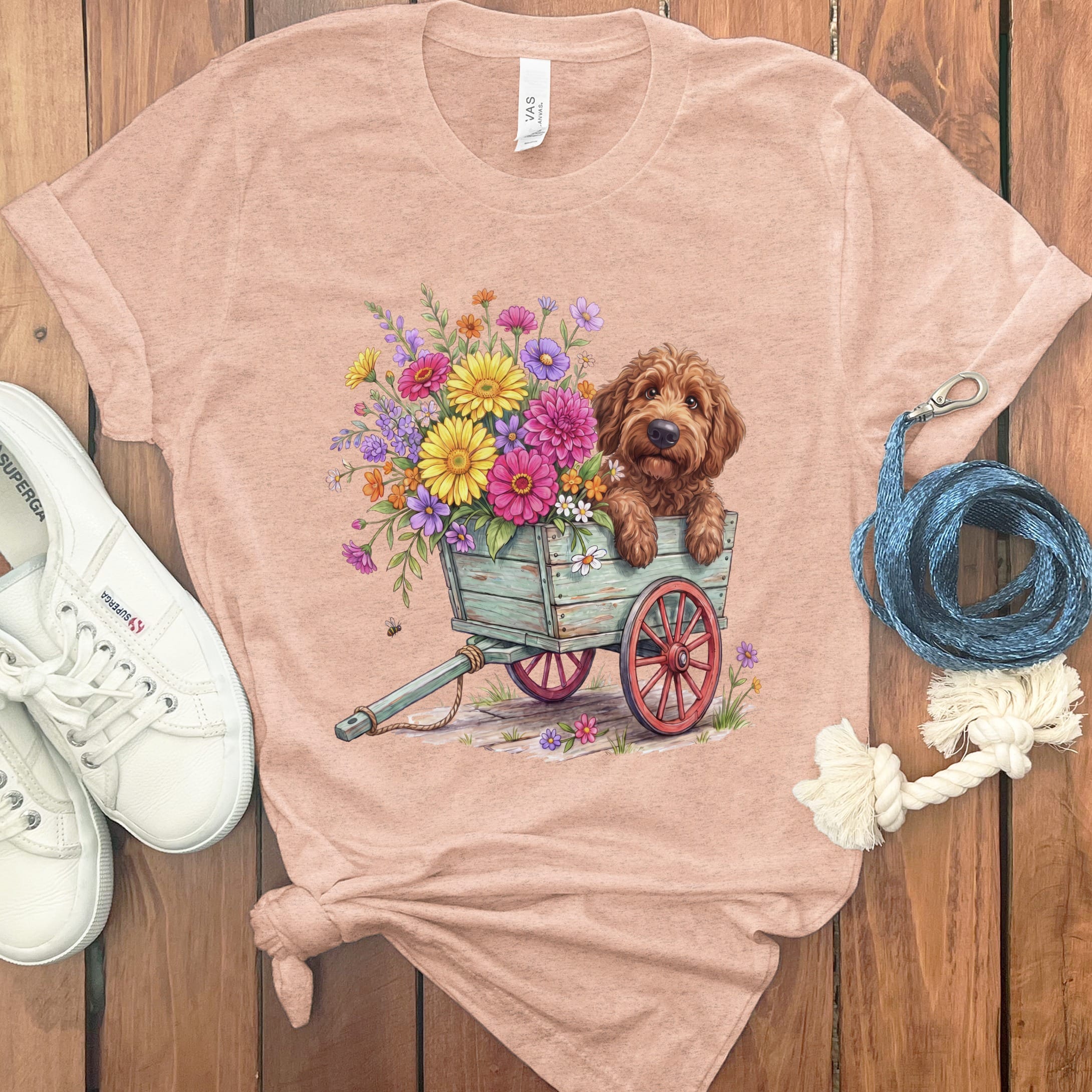 Apricot Goldendoodle Spring Wagon T-Shirt in Heather Peach / S by Puppy Jo