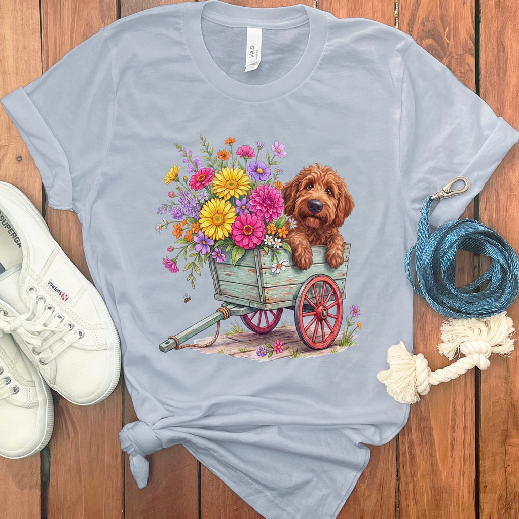 Apricot Goldendoodle Spring Wagon T-Shirt in Light Blue / S by Puppy Jo