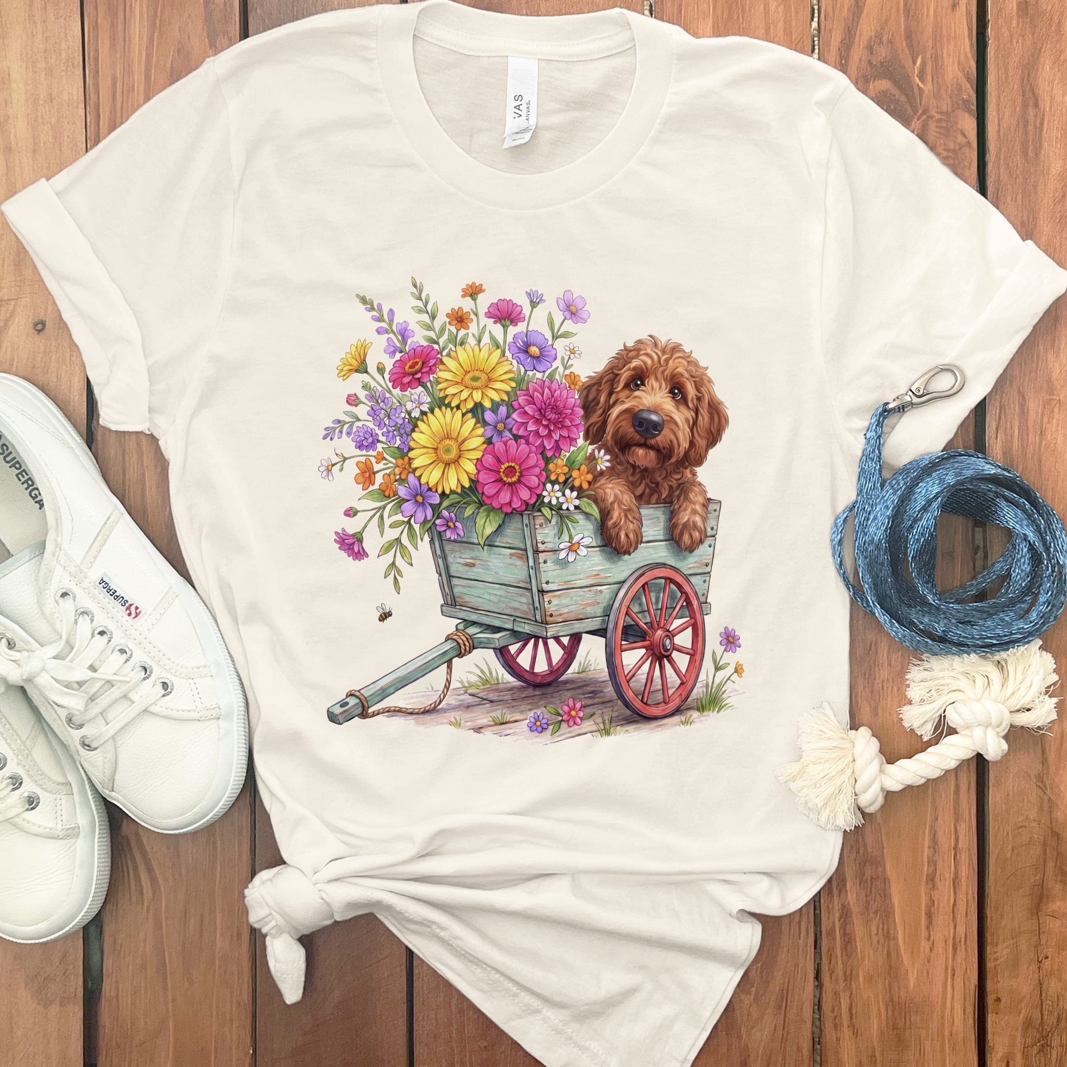 Apricot Goldendoodle Spring Wagon T-Shirt in Natural / S by Puppy Jo