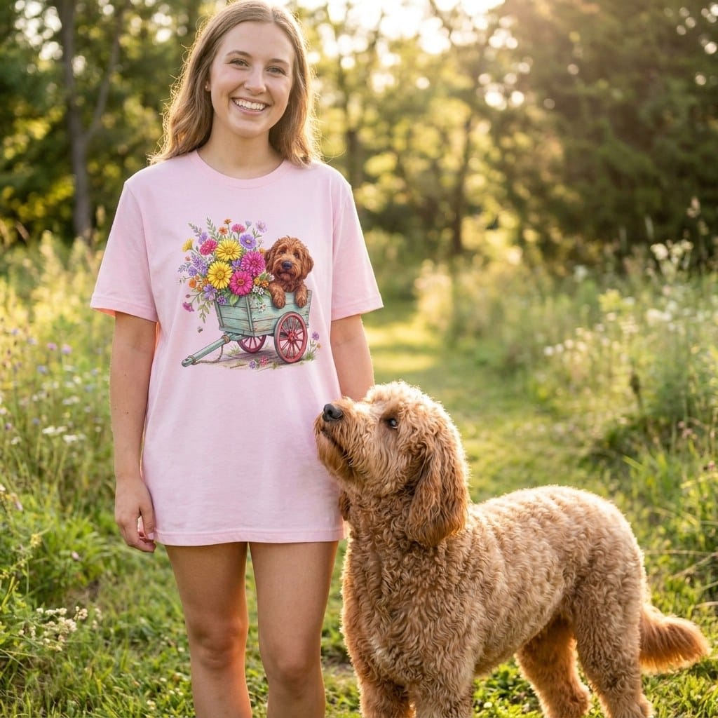 Apricot Goldendoodle Spring Wagon T-Shirt in by Puppy Jo