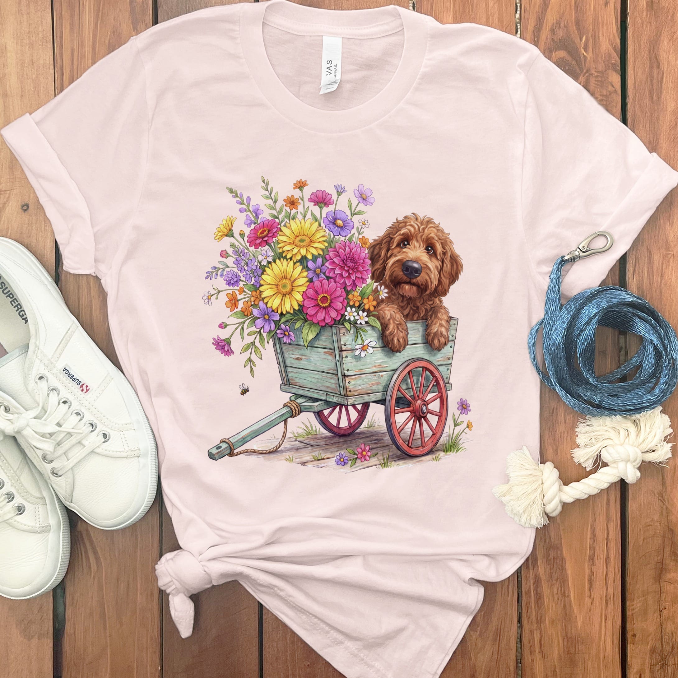 Apricot Goldendoodle Spring Wagon T-Shirt in Soft Pink / S by Puppy Jo