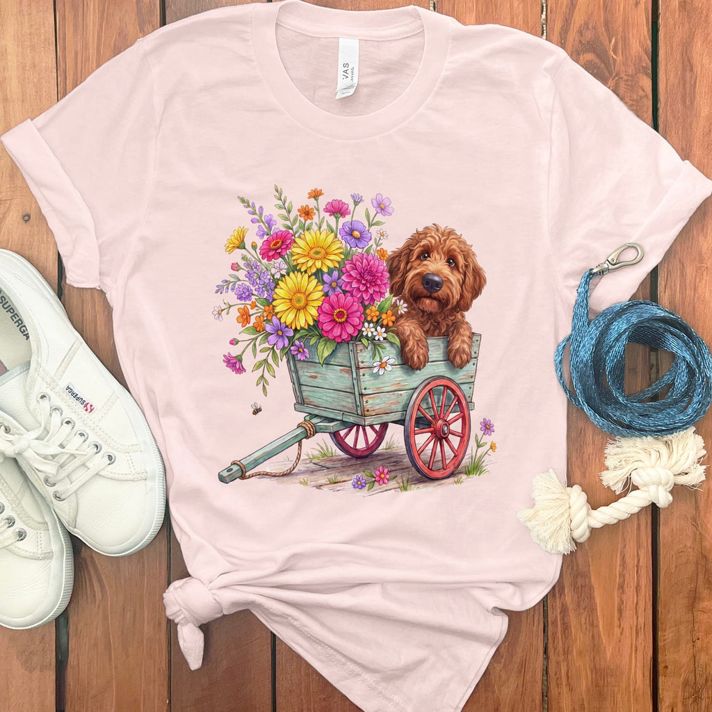 Apricot Goldendoodle Spring Wagon T-Shirt in Soft Pink / S by Puppy Jo