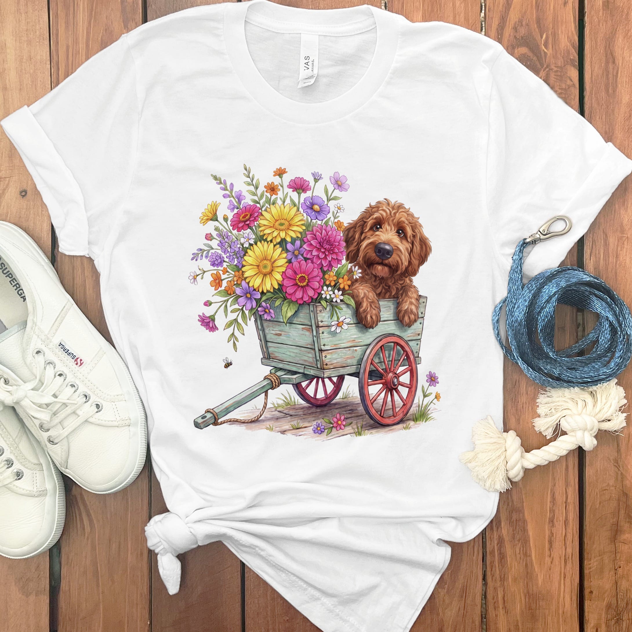 Apricot Goldendoodle Spring Wagon T-Shirt in White / S by Puppy Jo