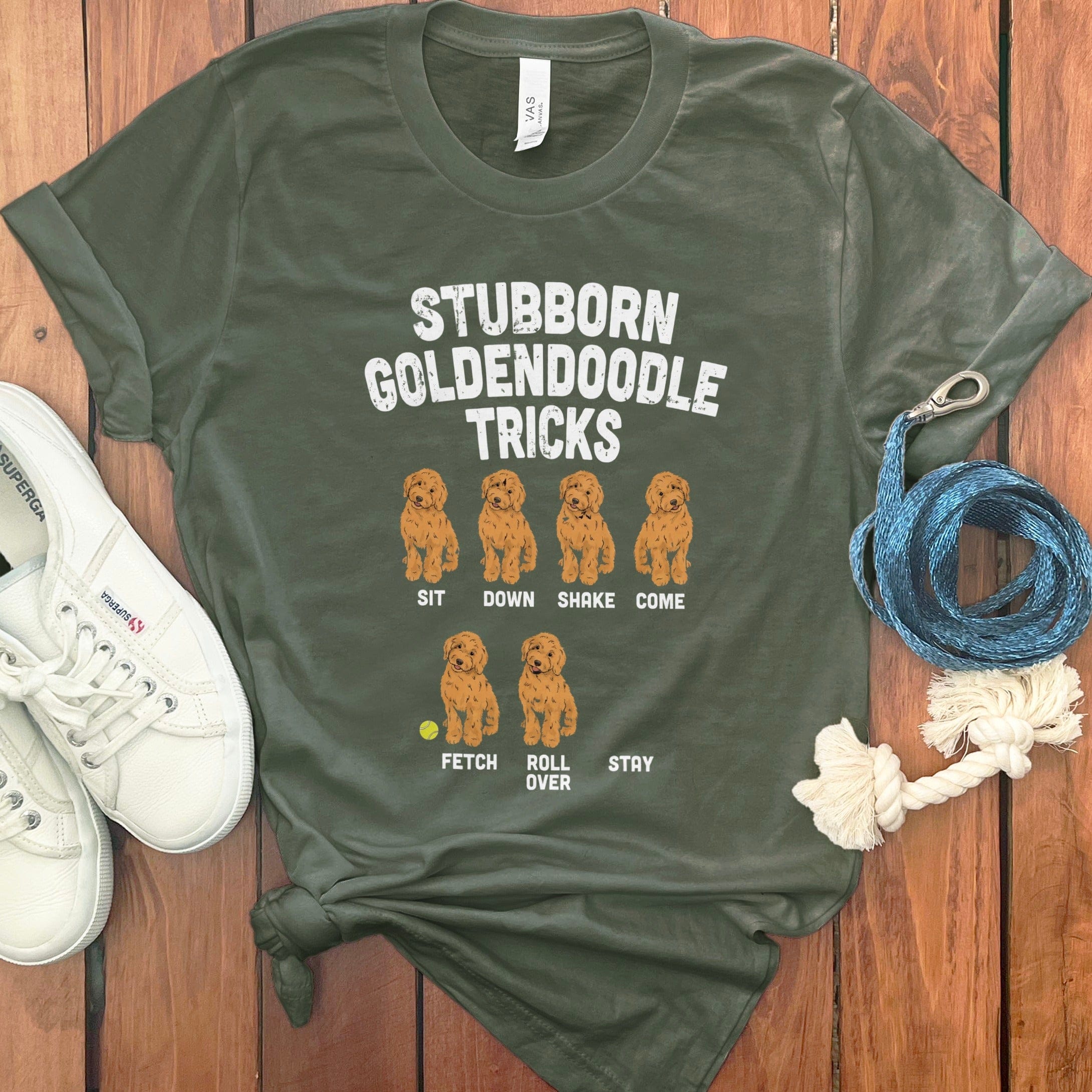 Apricot Goldendoodle Stubborn T-Shirt in Military Green / S by Puppy Jo