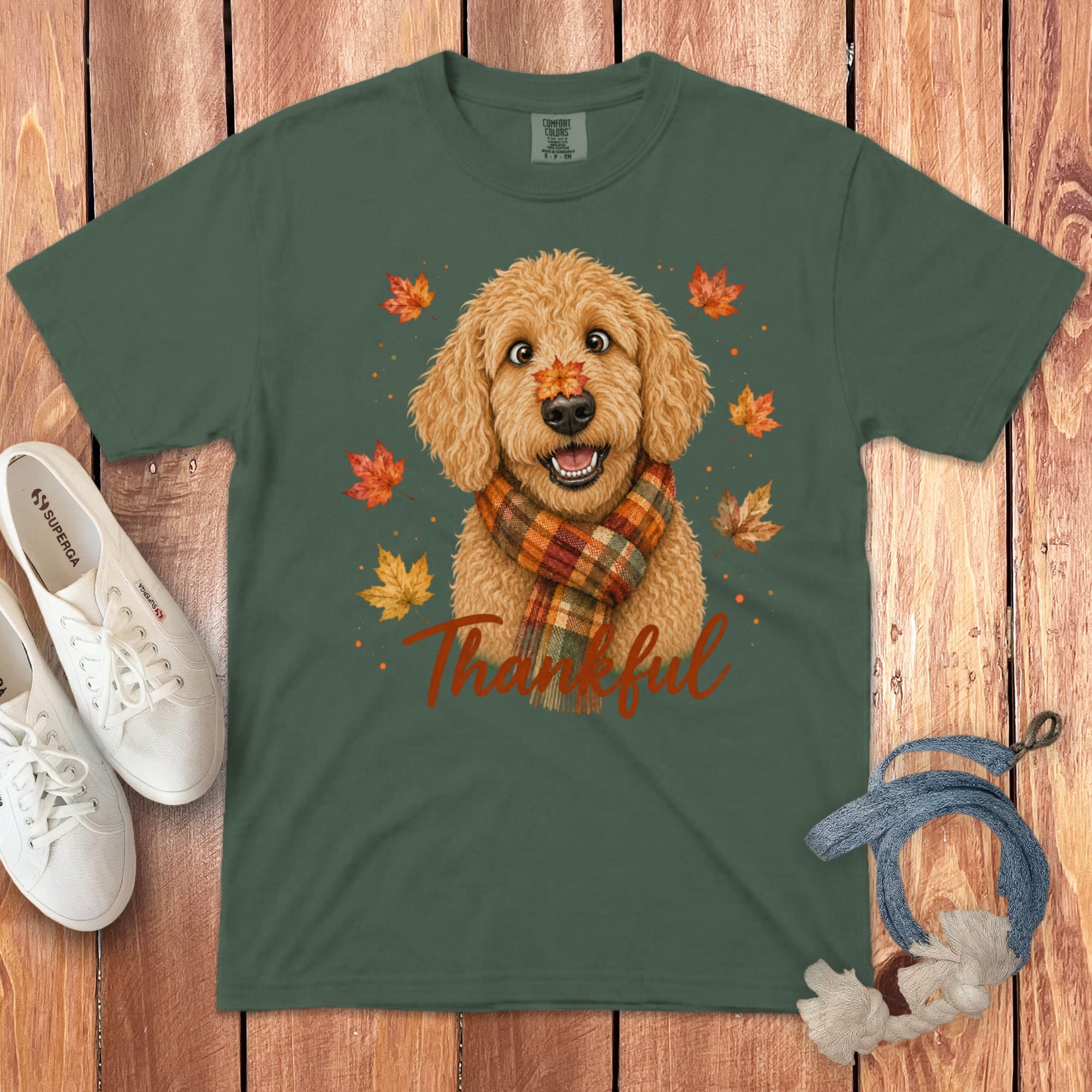 Apricot Goldendoodle Thankful Signature T-Shirt in Blue Spruce / S by Puppy Jo