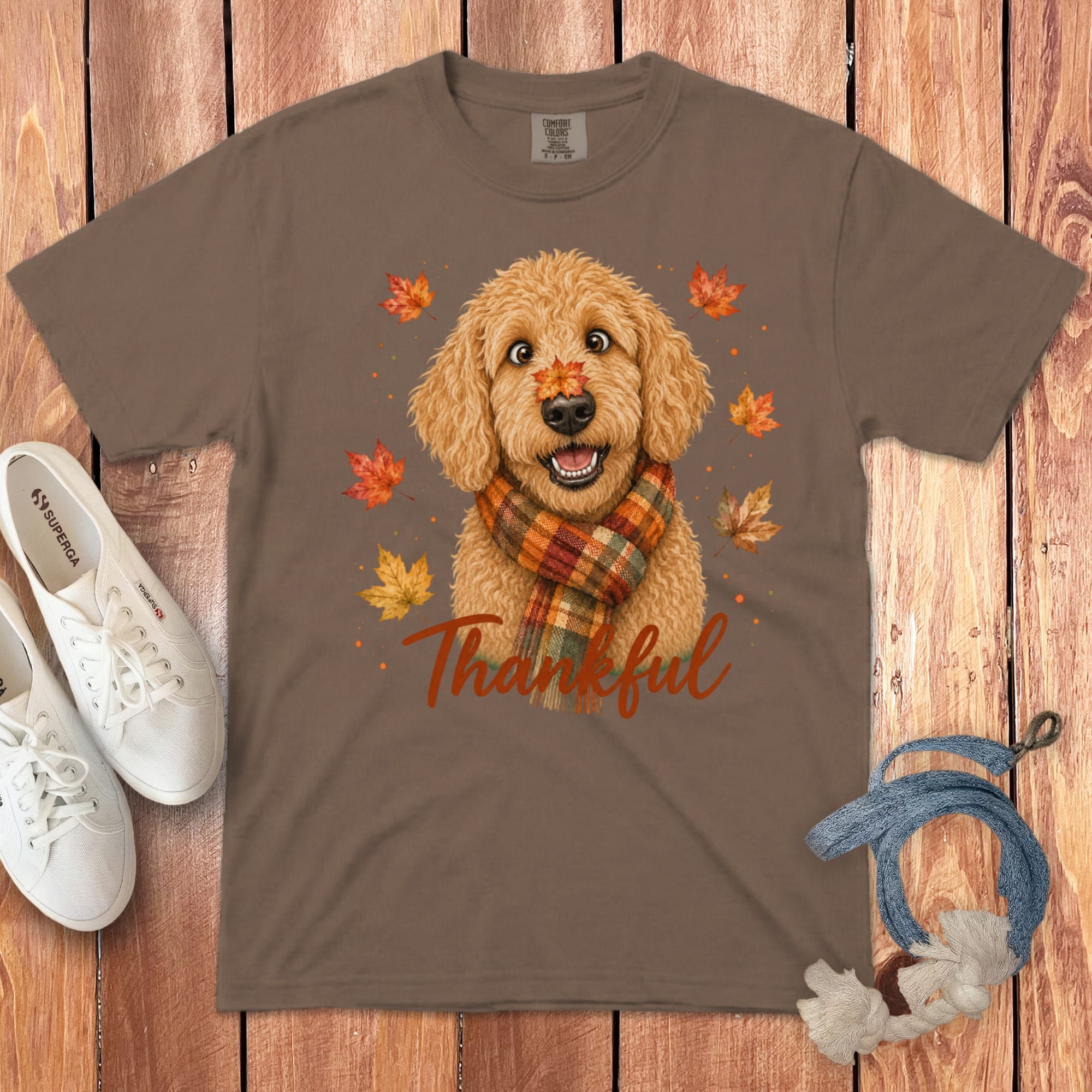 Apricot Goldendoodle Thankful Signature T-Shirt in Espresso / S by Puppy Jo