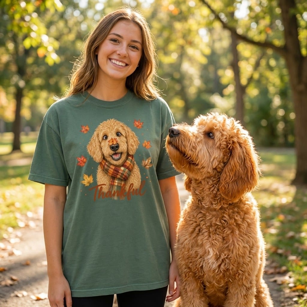 Apricot Goldendoodle Thankful Signature T-Shirt in by Puppy Jo