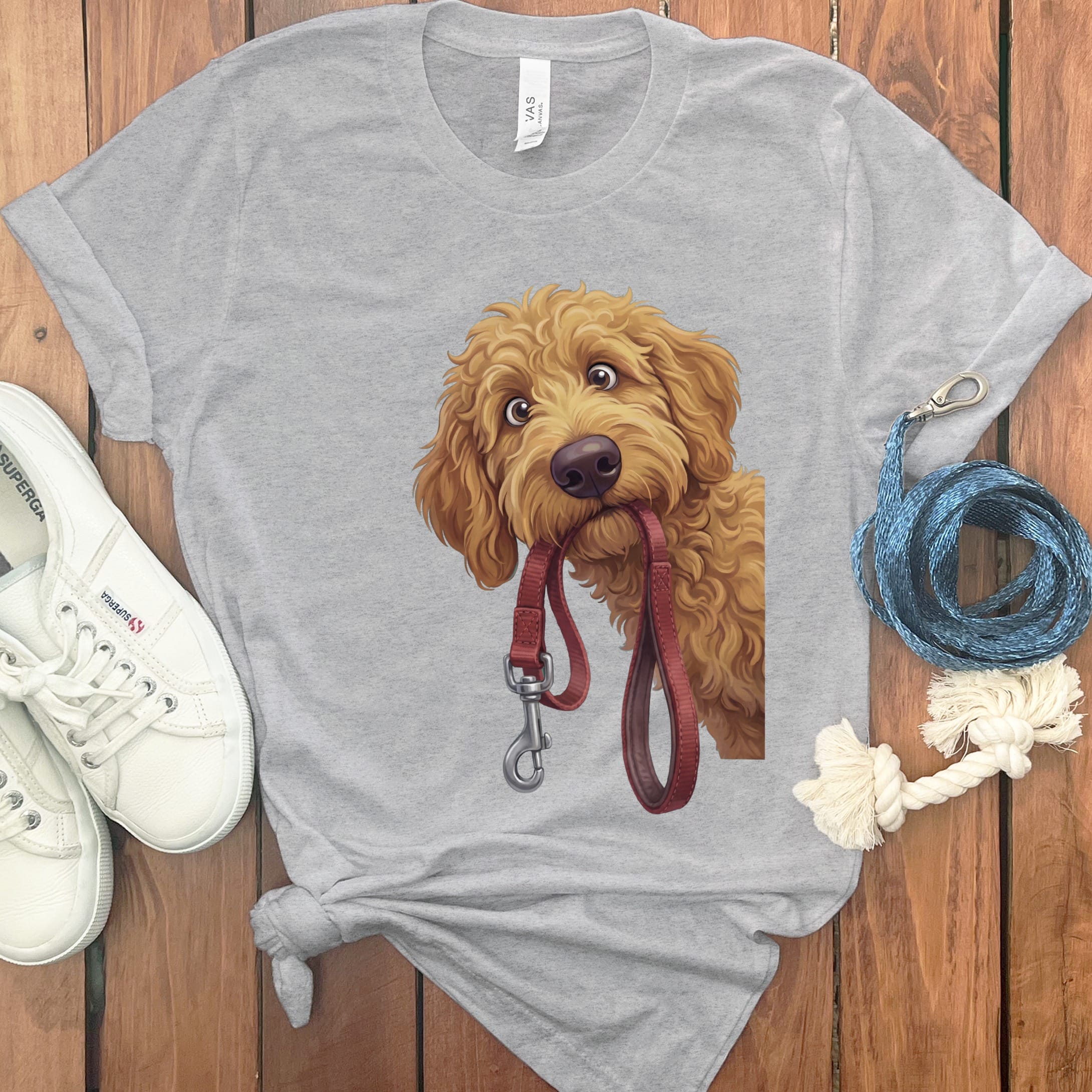 Apricot Goldendoodle Walk T-Shirt in Athletic Heather / S by Puppy Jo