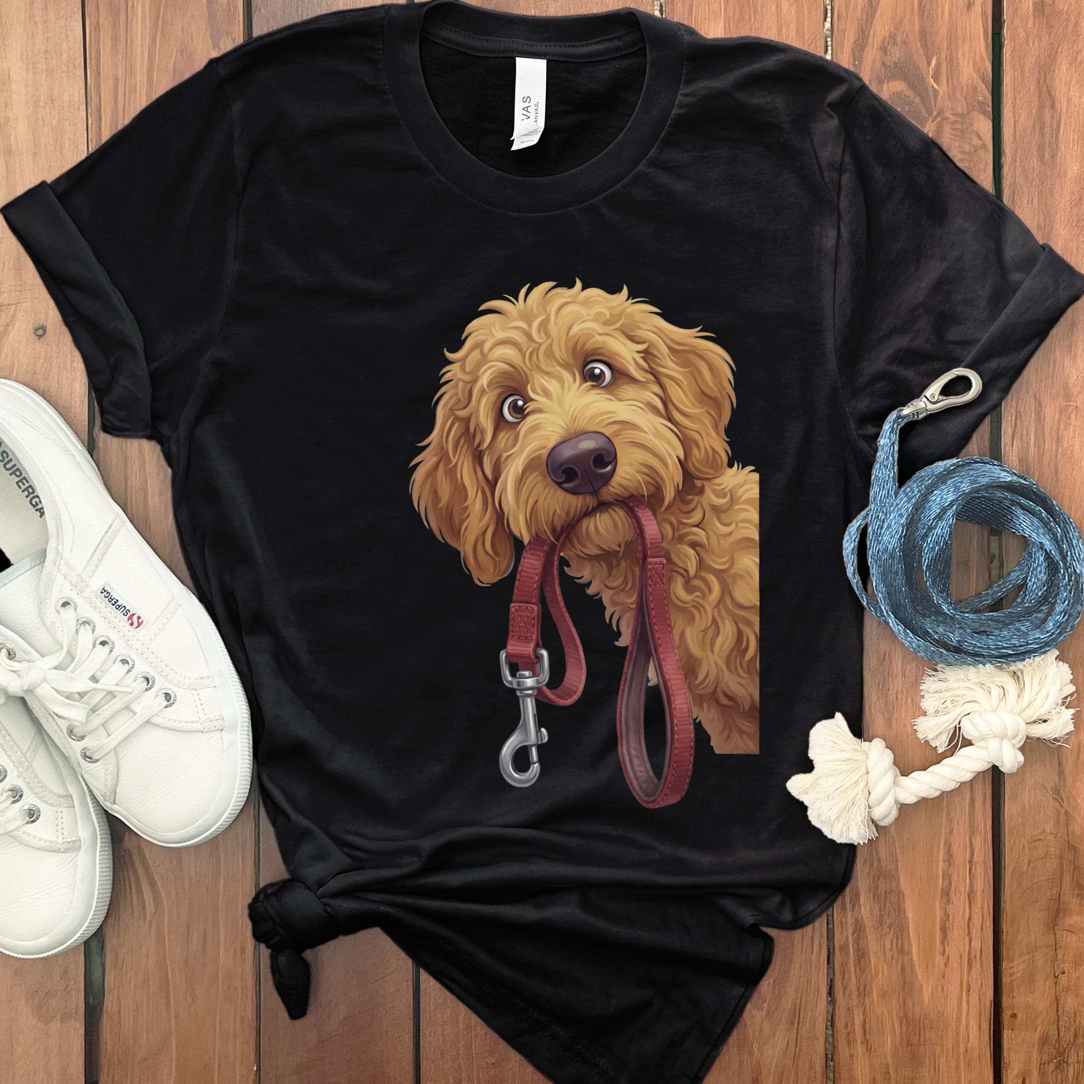 Apricot Goldendoodle Walk T-Shirt in Black / S by Puppy Jo