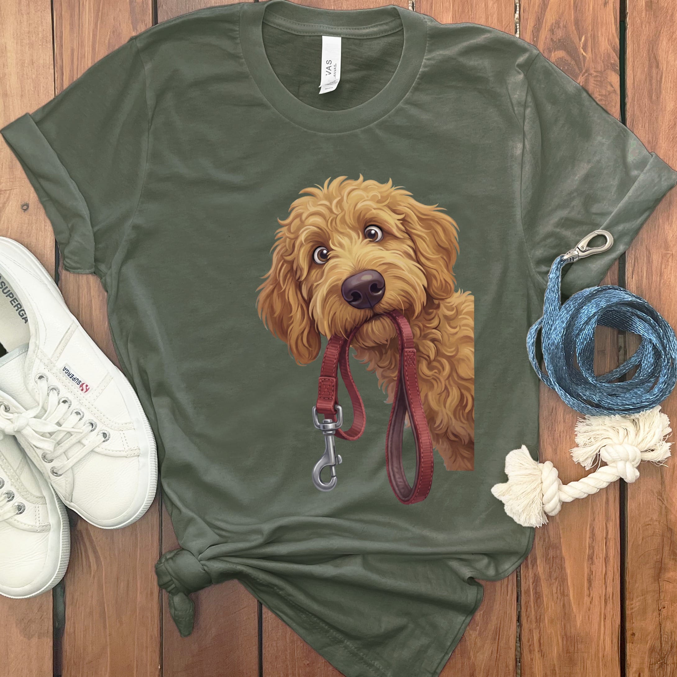 Apricot Goldendoodle Walk T-Shirt in Military Green / S by Puppy Jo