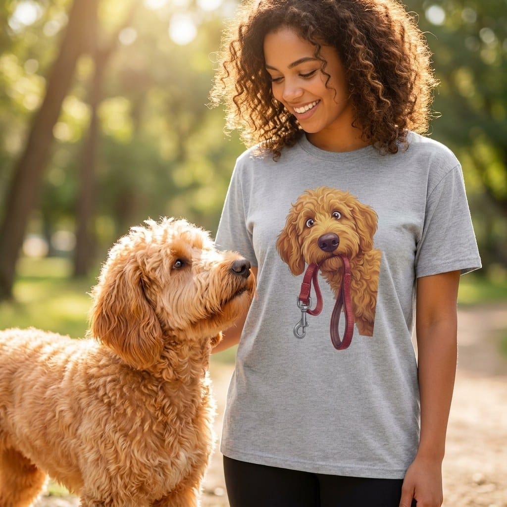 Apricot Goldendoodle Walk T-Shirt in by Puppy Jo
