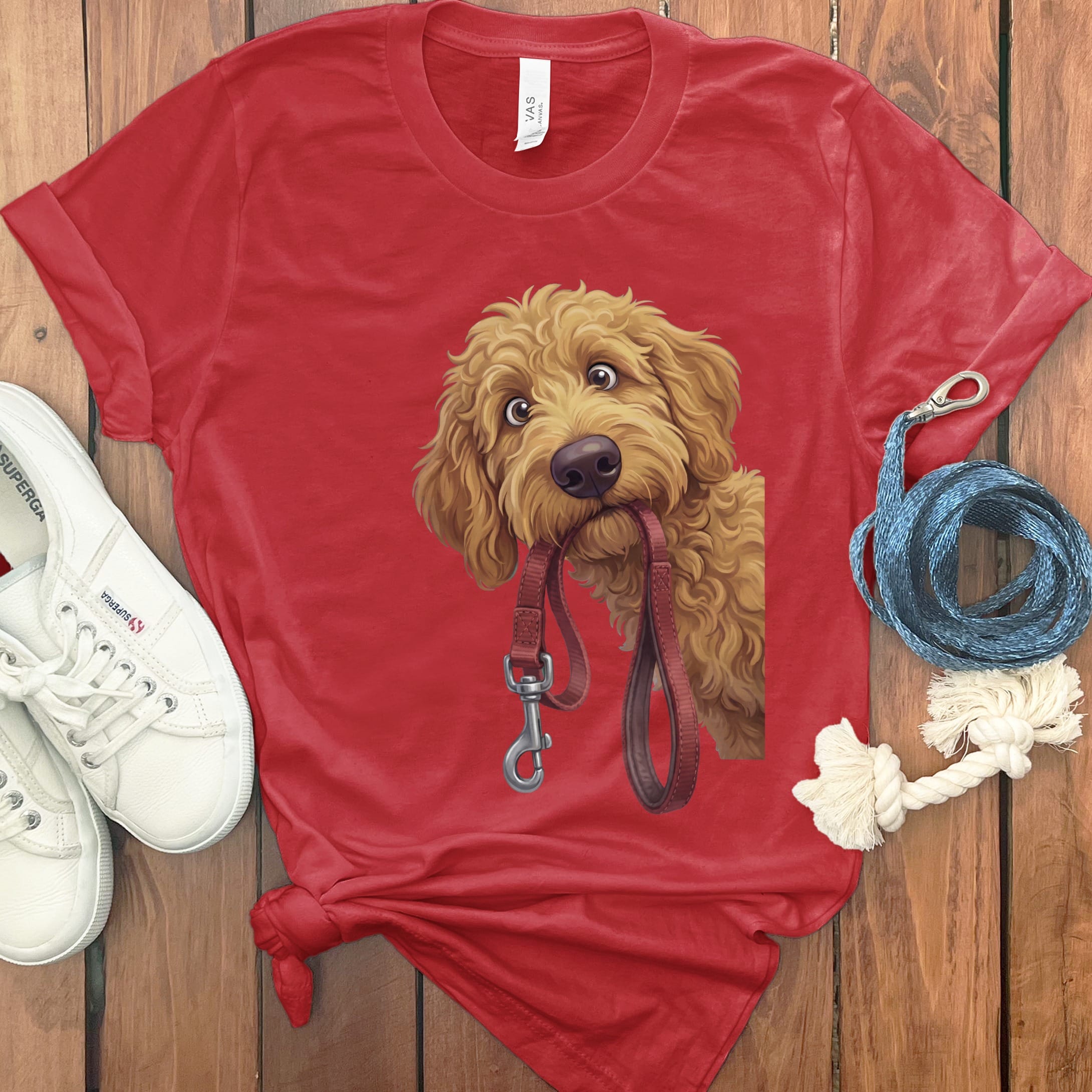 Apricot Goldendoodle Walk T-Shirt in Red / S by Puppy Jo