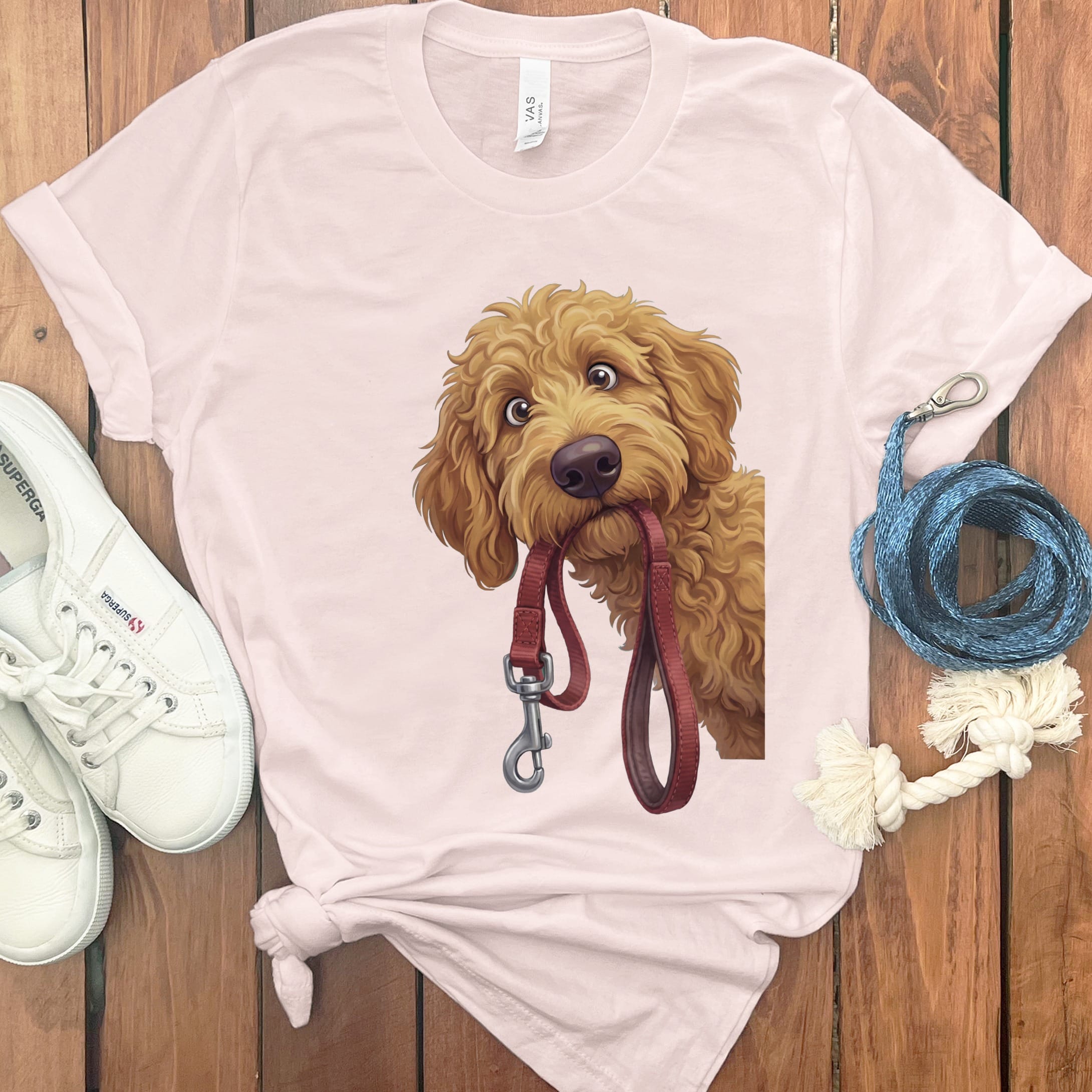 Apricot Goldendoodle Walk T-Shirt in Soft Pink / S by Puppy Jo
