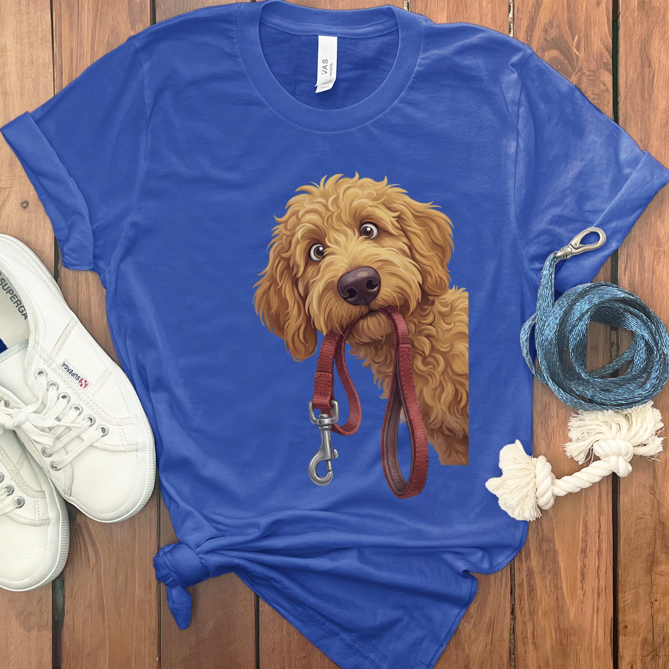 Apricot Goldendoodle Walk T-Shirt in True Royal / S by Puppy Jo