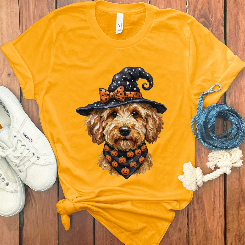 Apricot Goldendoodle Witch Hat T-Shirt in Gold / S by MyDesigns