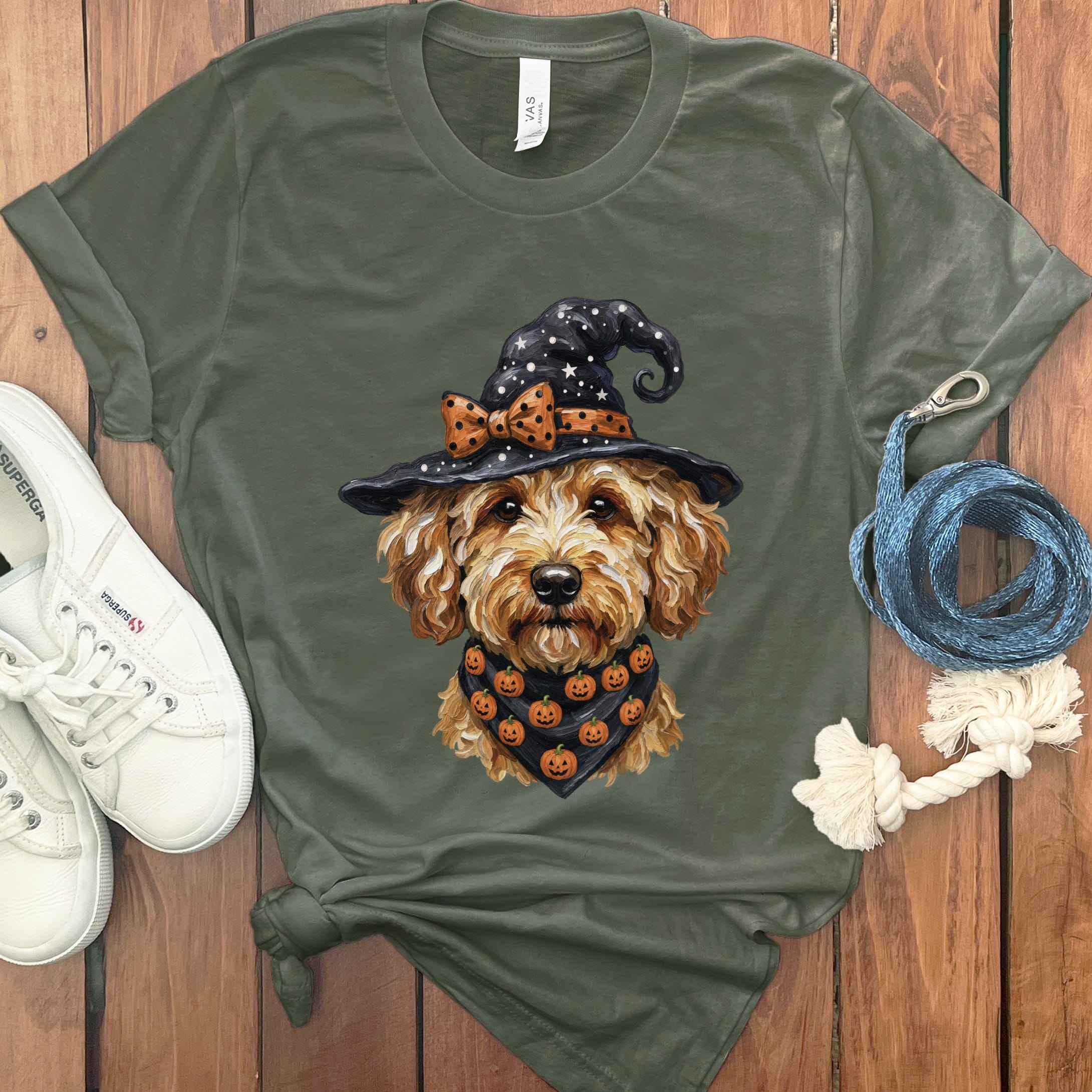 Apricot Goldendoodle Witch Hat T-Shirt in Military Green / S by MyDesigns