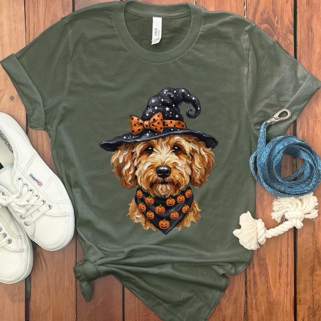 Apricot Goldendoodle Witch Hat T-Shirt in Military Green / S by MyDesigns
