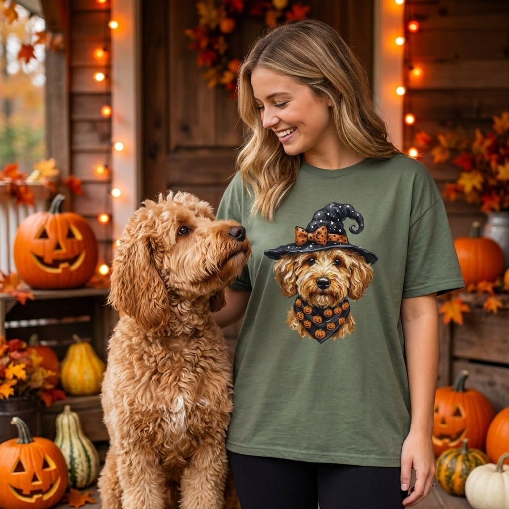 Apricot Goldendoodle Witch Hat T-Shirt in by MyDesigns
