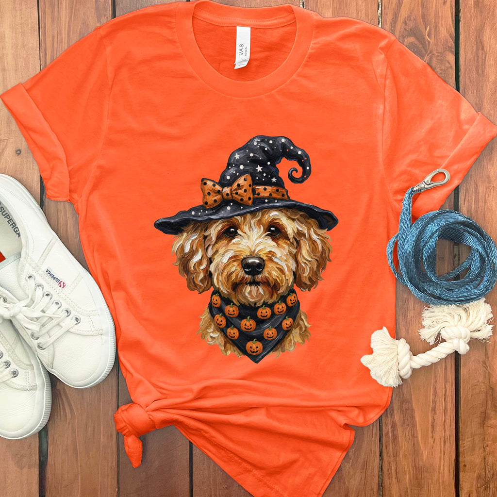 Apricot Goldendoodle Witch Hat T-Shirt in Orange / S by MyDesigns