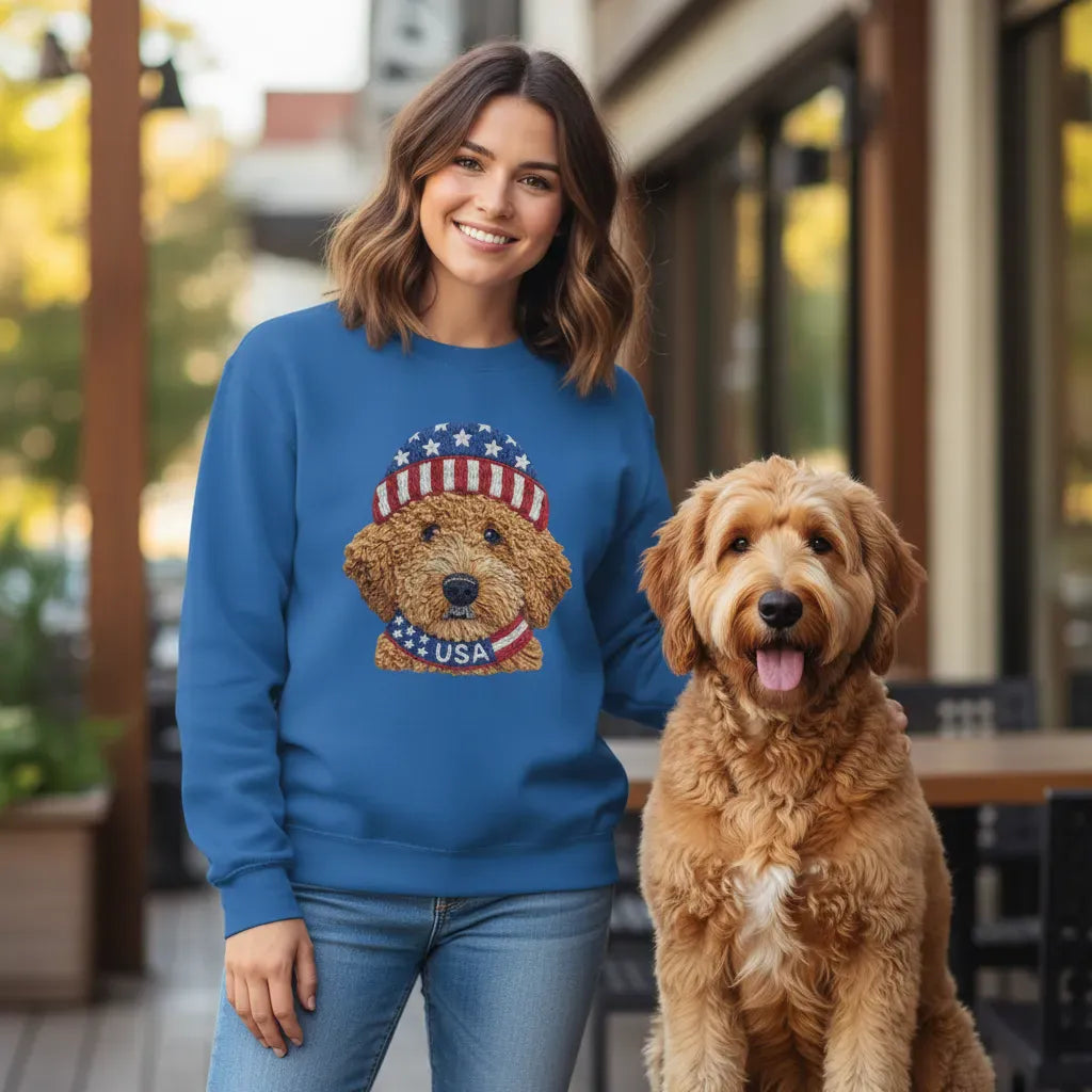 Apricot Patriotic Cap Goldendoodle Sweatshirt in by Puppy Jo