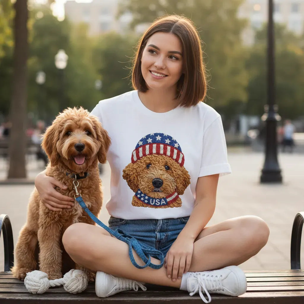 Apricot Patriotic Cap Goldendoodle T-Shirt in by Puppy Jo