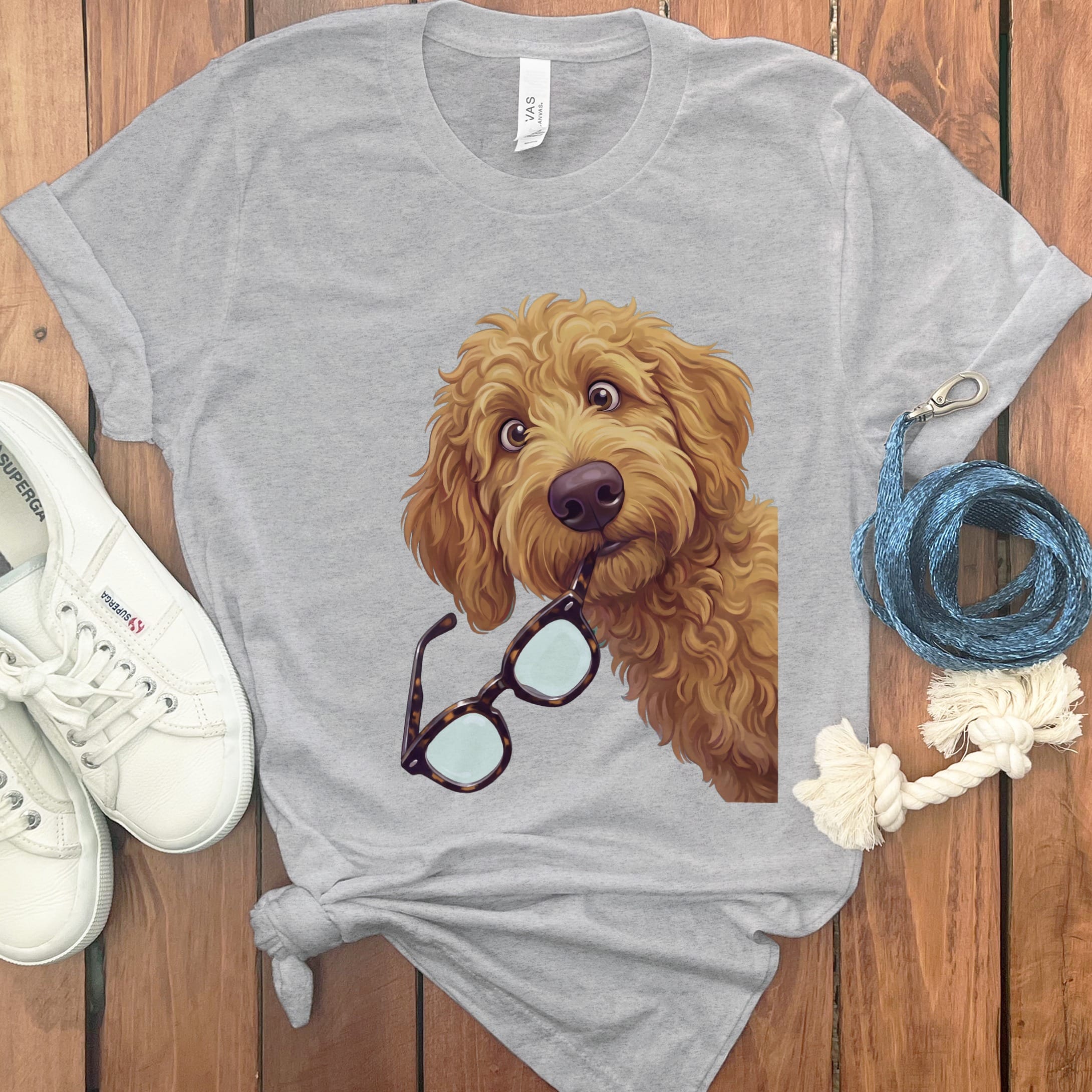 Apricot Stolen Glasses Goldendoodle T-Shirt in Athletic Heather / S by Puppy Jo