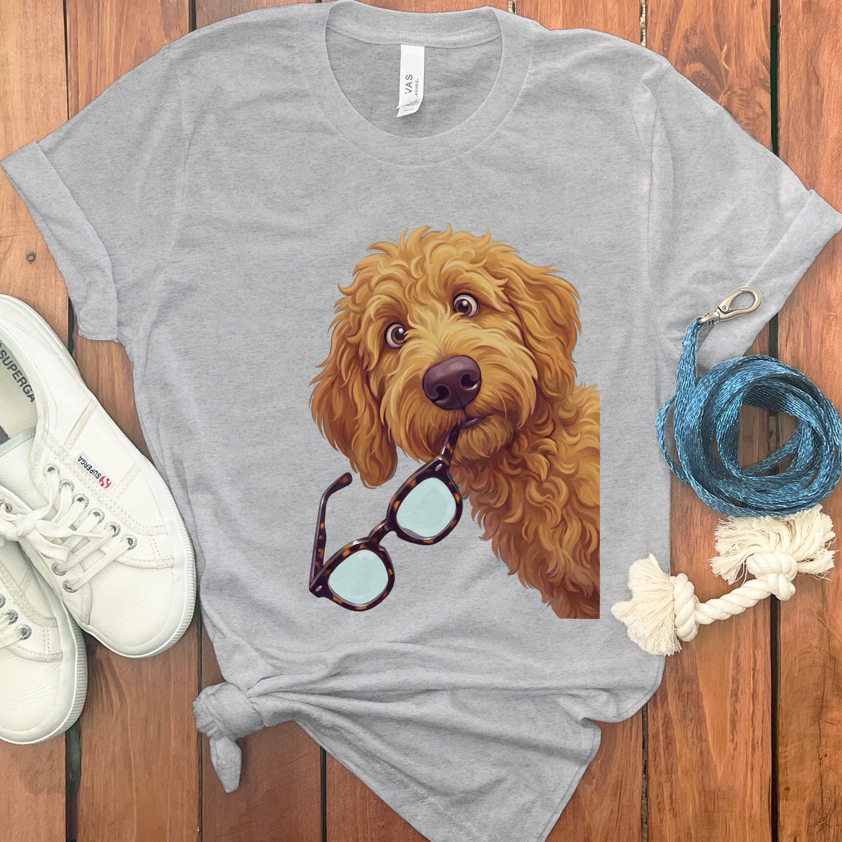 Apricot Stolen Glasses Goldendoodle T-Shirt in Athletic Heather / S by Puppy Jo