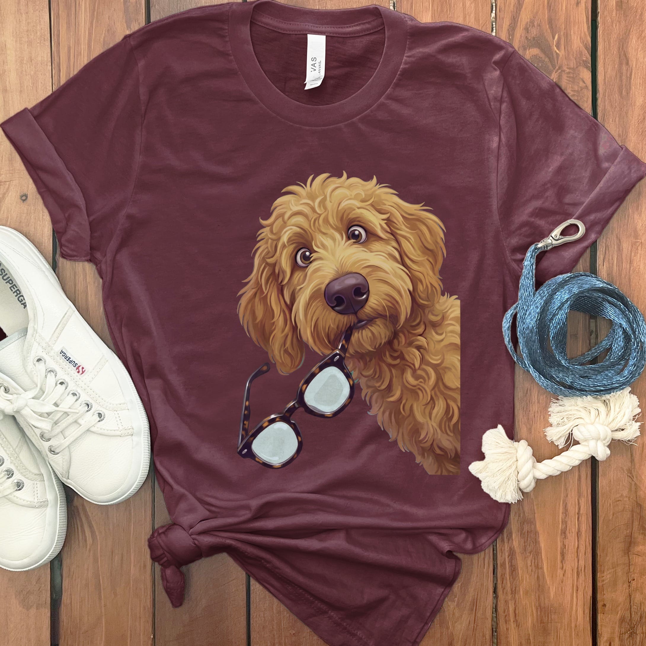 Apricot Stolen Glasses Goldendoodle T-Shirt in Maroon / S by Puppy Jo