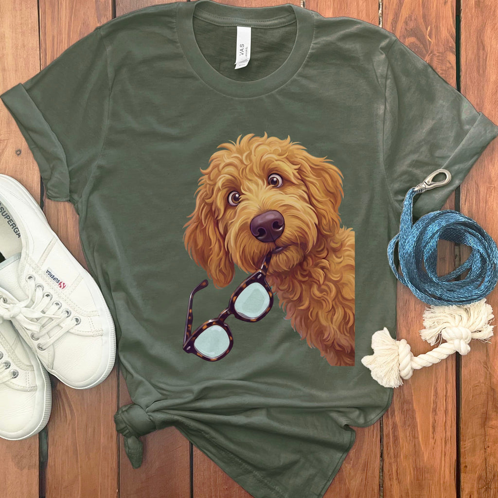 Apricot Stolen Glasses Goldendoodle T-Shirt in Military Green / S by Puppy Jo