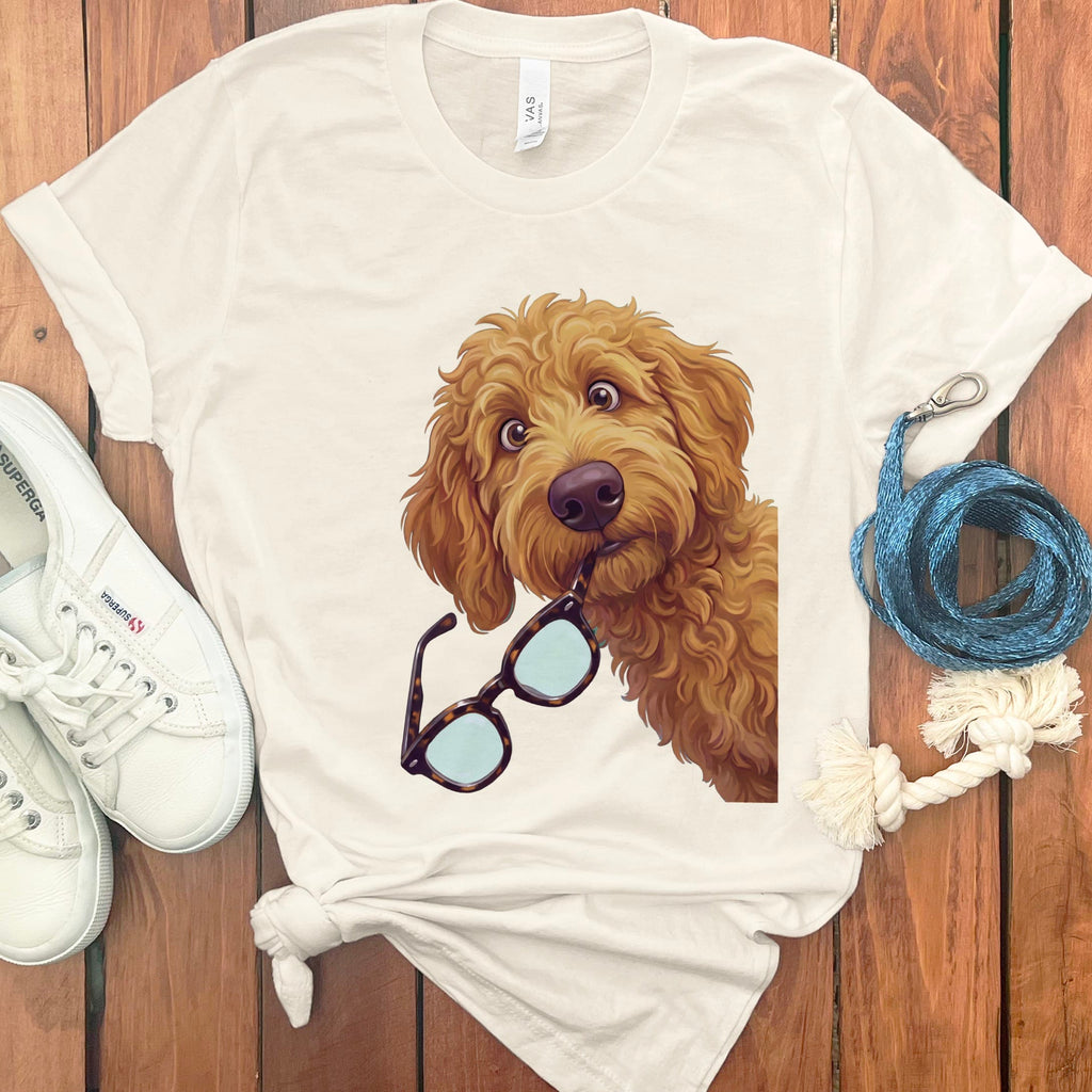 Apricot Stolen Glasses Goldendoodle T-Shirt in Natural / S by Puppy Jo