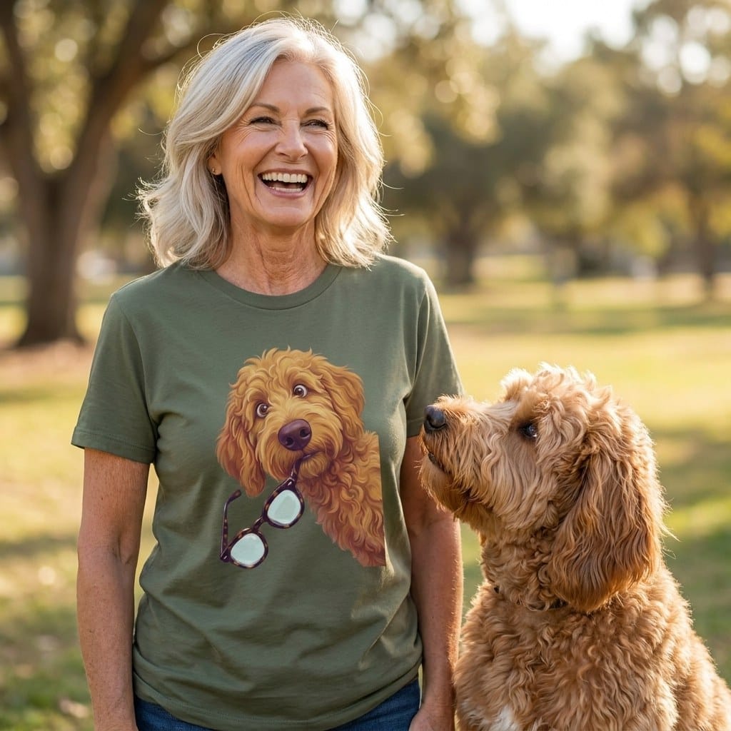 Apricot Stolen Glasses Goldendoodle T-Shirt in by Puppy Jo